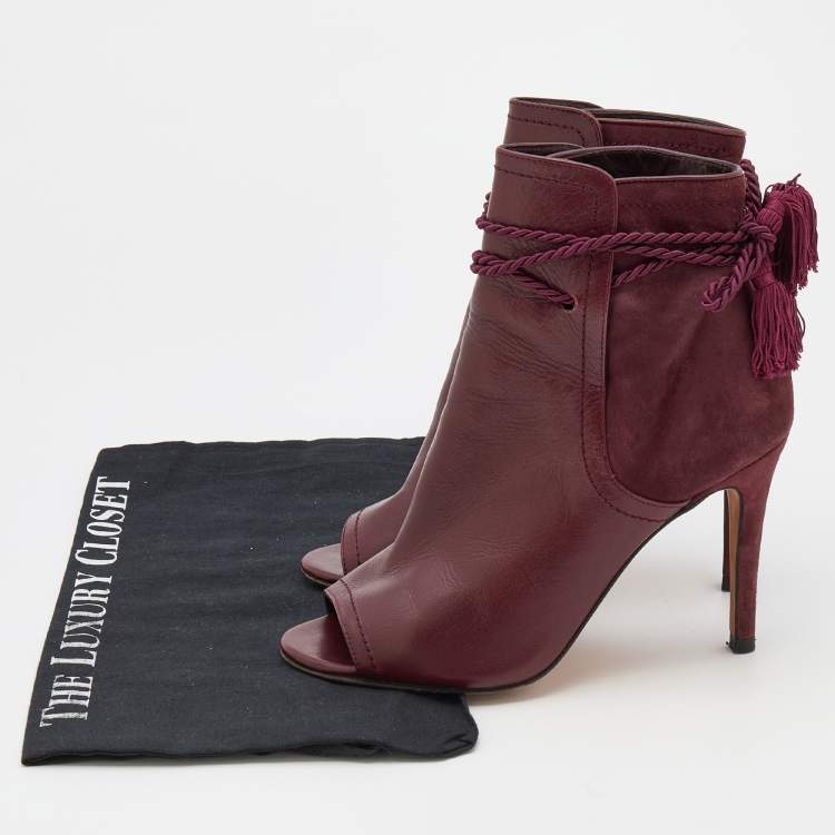 Pre Owned CH Carolina Herrera Burgundy Leather and Suede Open Toe Ankle Boots Size 37