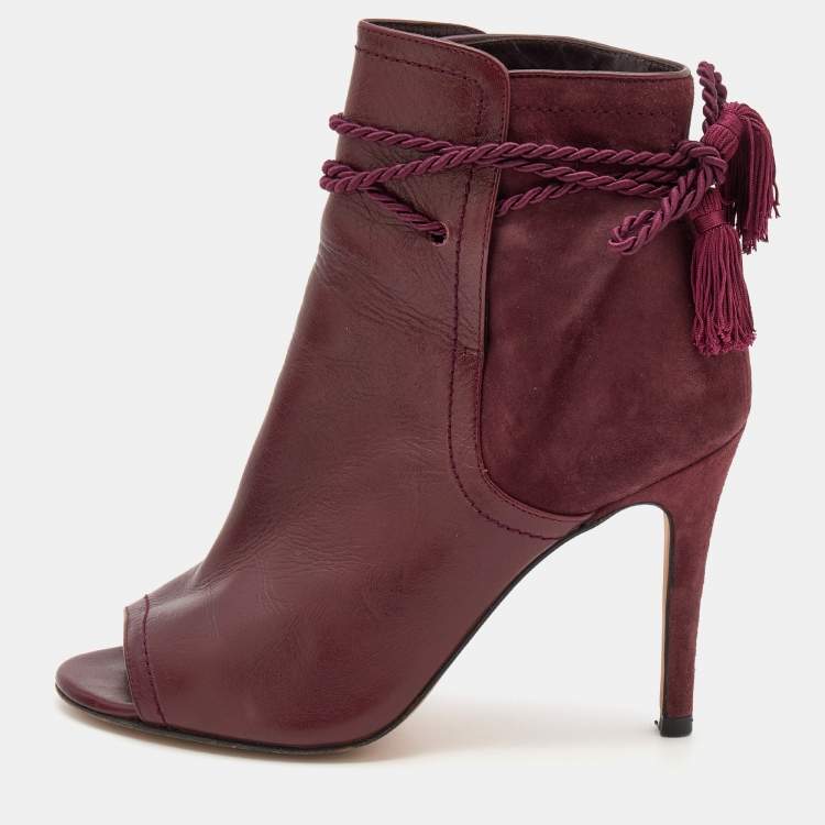 Pre Owned CH Carolina Herrera Burgundy Leather and Suede Open Toe Ankle Boots Size 37
