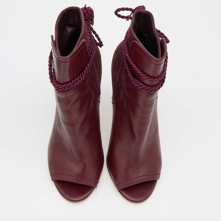 Pre Owned CH Carolina Herrera Burgundy Leather and Suede Open Toe Ankle Boots Size 37