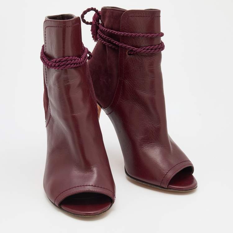 Pre Owned CH Carolina Herrera Burgundy Leather and Suede Open Toe Ankle Boots Size 37