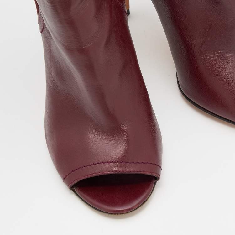 Pre Owned CH Carolina Herrera Burgundy Leather and Suede Open Toe Ankle Boots Size 37