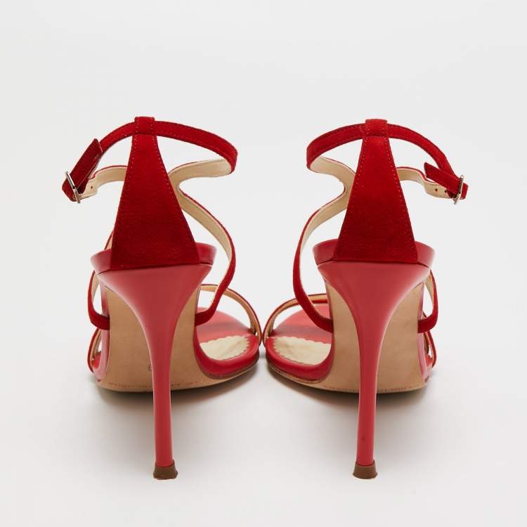 Pre Owned CH Carolina Herrera Red Leather Ankle Strap Sandals Size 39