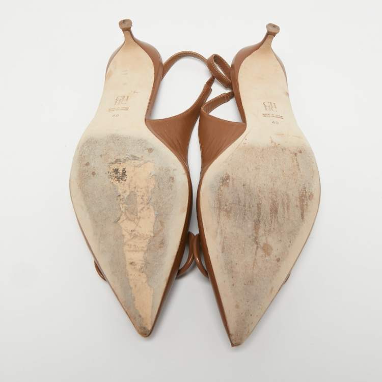 Pre Owned CH Carolina Herrera Beige Leather Monogram Pointed-Toe Slingback Pumps Size 40