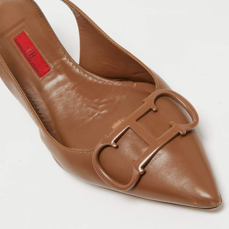 Pre Owned CH Carolina Herrera Beige Leather Monogram Pointed-Toe Slingback Pumps Size 40