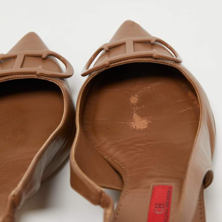 Pre Owned CH Carolina Herrera Beige Leather Monogram Pointed-Toe Slingback Pumps Size 40