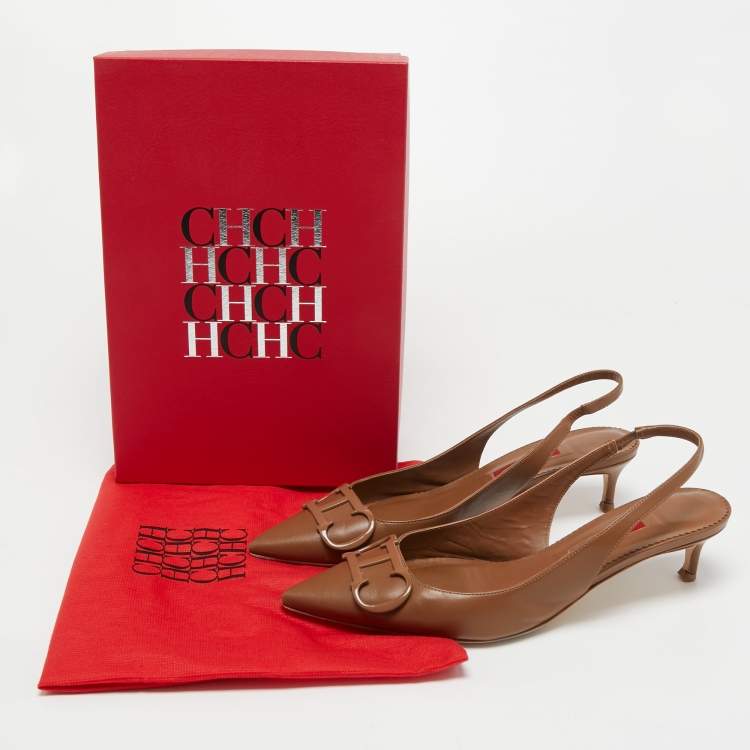 Pre Owned CH Carolina Herrera Beige Leather Monogram Pointed-Toe Slingback Pumps Size 40