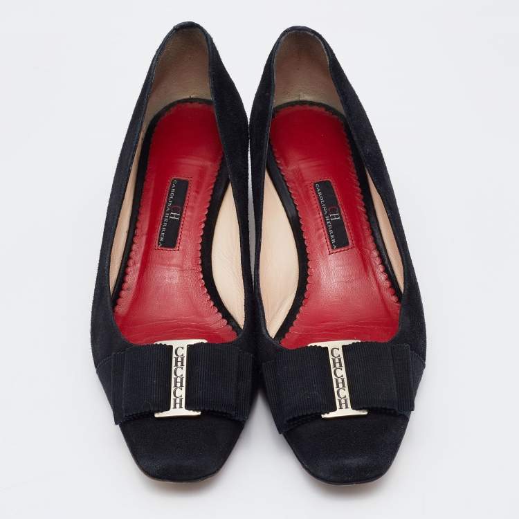 Pre Owned CH Carolina Herrera Black Suede Bow Block Heel Pumps Size 38