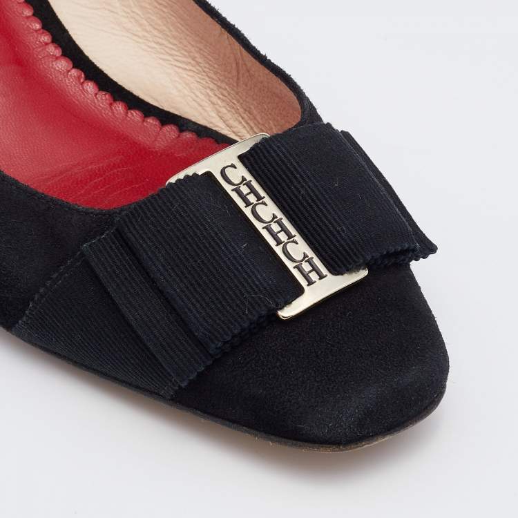 Pre Owned CH Carolina Herrera Black Suede Bow Block Heel Pumps Size 38