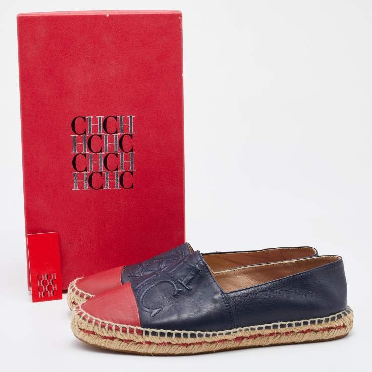 Pre Owned CH Carolina Herrera Navy Blue/Red Leather Cap Toe Espadrille Flats Size 38