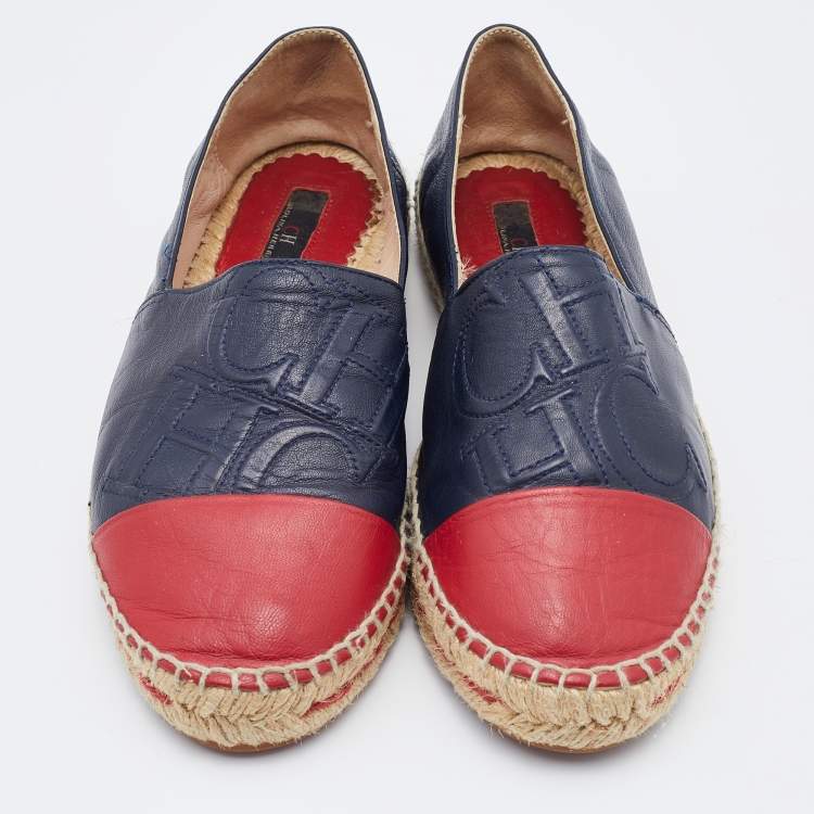 Pre Owned CH Carolina Herrera Navy Blue/Red Leather Cap Toe Espadrille Flats Size 38