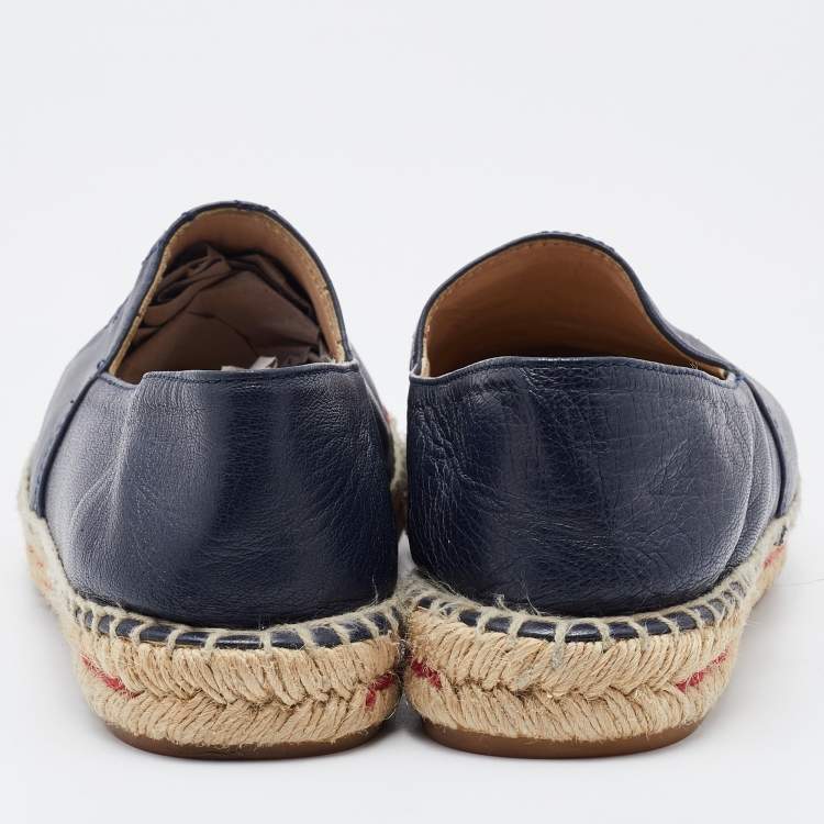 Pre Owned CH Carolina Herrera Navy Blue/Red Leather Cap Toe Espadrille Flats Size 38