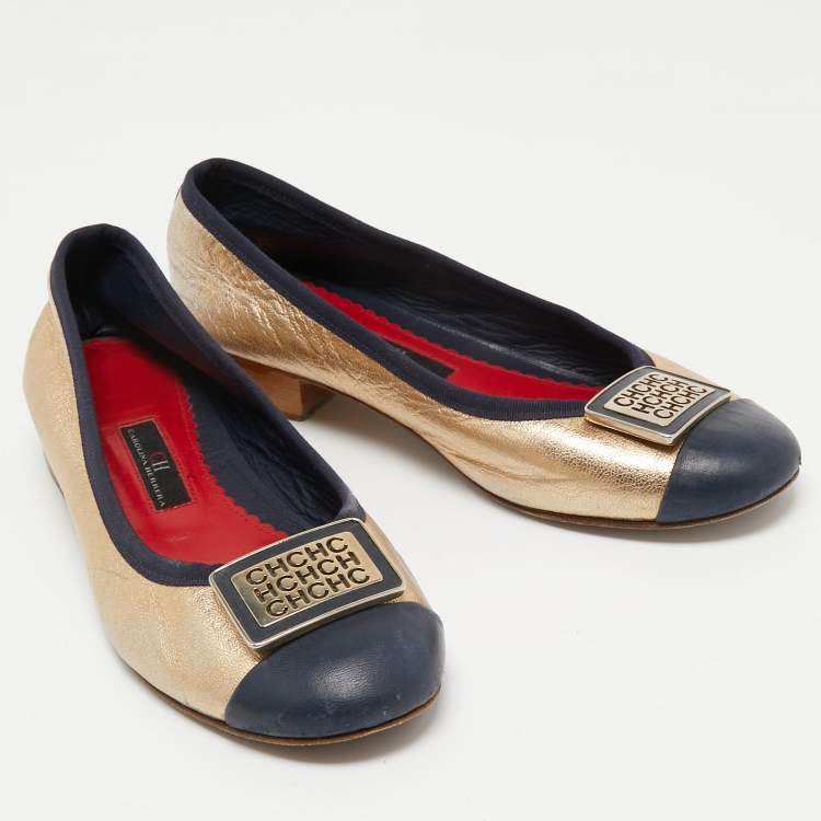 Pre Owned CH Carolina Herrera Gold/Navy Blue Leather Logo Buckle Ballet Flats Size 37