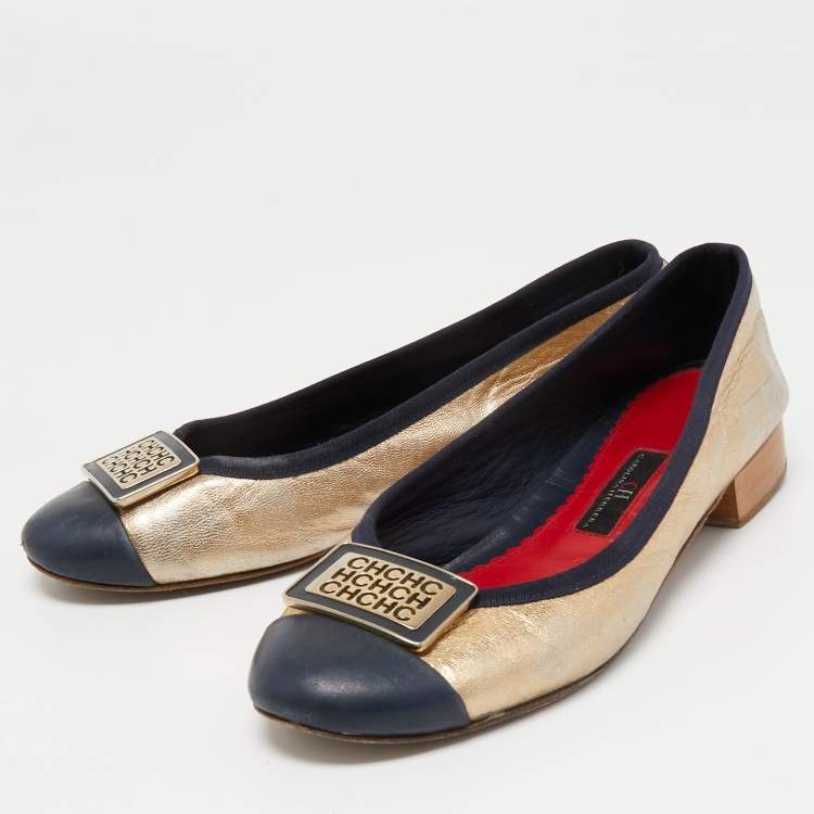 Pre Owned CH Carolina Herrera Gold/Navy Blue Leather Logo Buckle Ballet Flats Size 37
