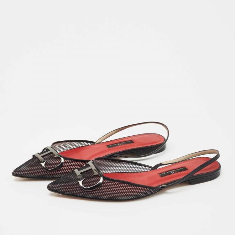 Pre Owned CH Carolina Herrera Black Mesh and Leather Logo Slingback Flats Size 39