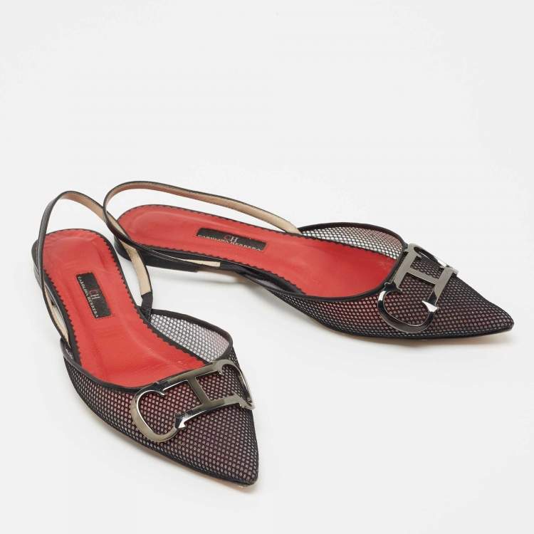 Pre Owned CH Carolina Herrera Black Mesh and Leather Logo Slingback Flats Size 39