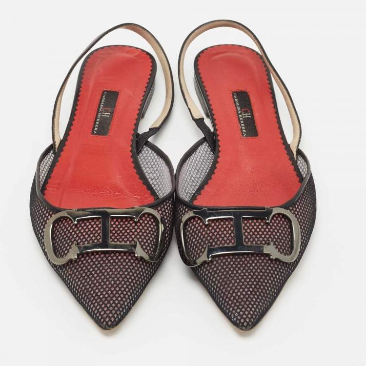 Pre Owned CH Carolina Herrera Black Mesh and Leather Logo Slingback Flats Size 39