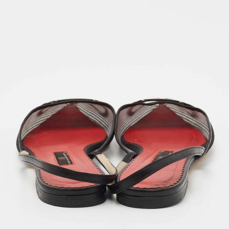 Pre Owned CH Carolina Herrera Black Mesh and Leather Logo Slingback Flats Size 39