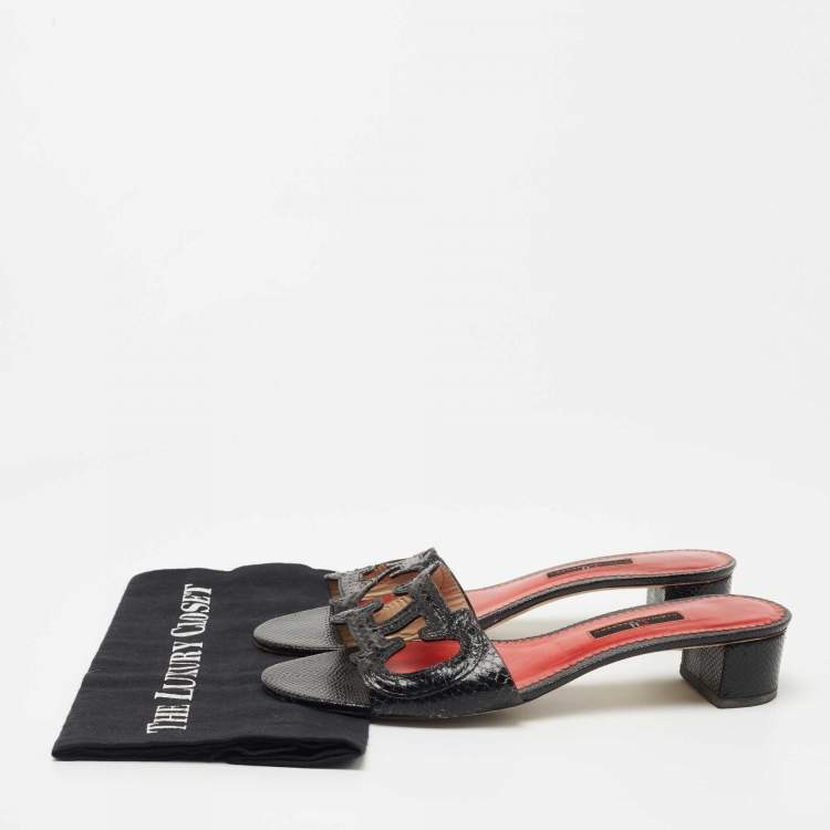 Pre Owned CH Carolina Herrera Black Embossed Snakeskin CH Insignia Cut Out Slide Sandals Size 40