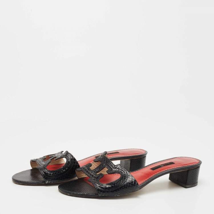 Pre Owned CH Carolina Herrera Black Embossed Snakeskin CH Insignia Cut Out Slide Sandals Size 40