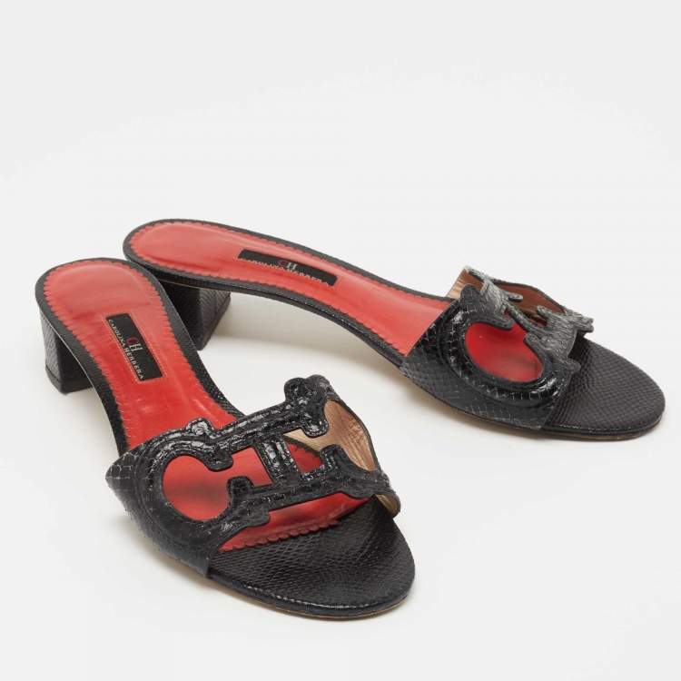 Pre Owned CH Carolina Herrera Black Embossed Snakeskin CH Insignia Cut Out Slide Sandals Size 40