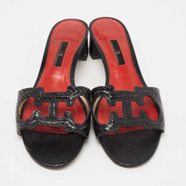 Pre Owned CH Carolina Herrera Black Embossed Snakeskin CH Insignia Cut Out Slide Sandals Size 40