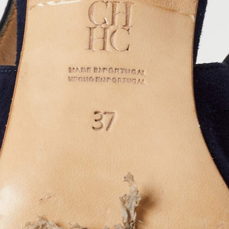 Pre Owned CH Carolina Herrera Navy Blue Suede Pointed Toe Slingback Pumps Size 37