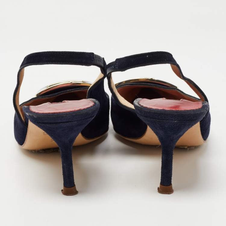 Pre Owned CH Carolina Herrera Navy Blue Suede Pointed Toe Slingback Pumps Size 37