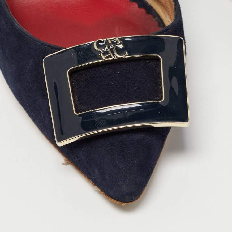 Pre Owned CH Carolina Herrera Navy Blue Suede Pointed Toe Slingback Pumps Size 37