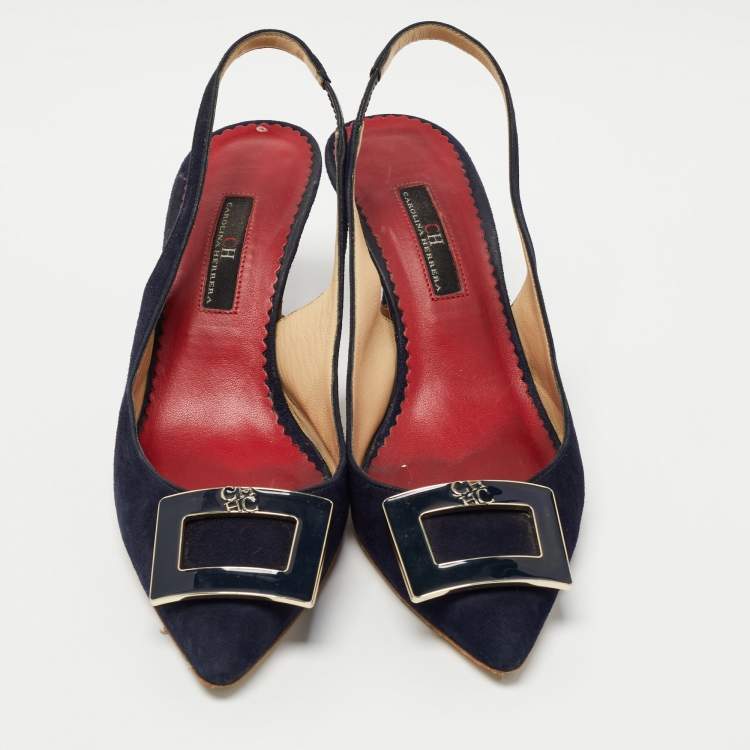Pre Owned CH Carolina Herrera Navy Blue Suede Pointed Toe Slingback Pumps Size 37