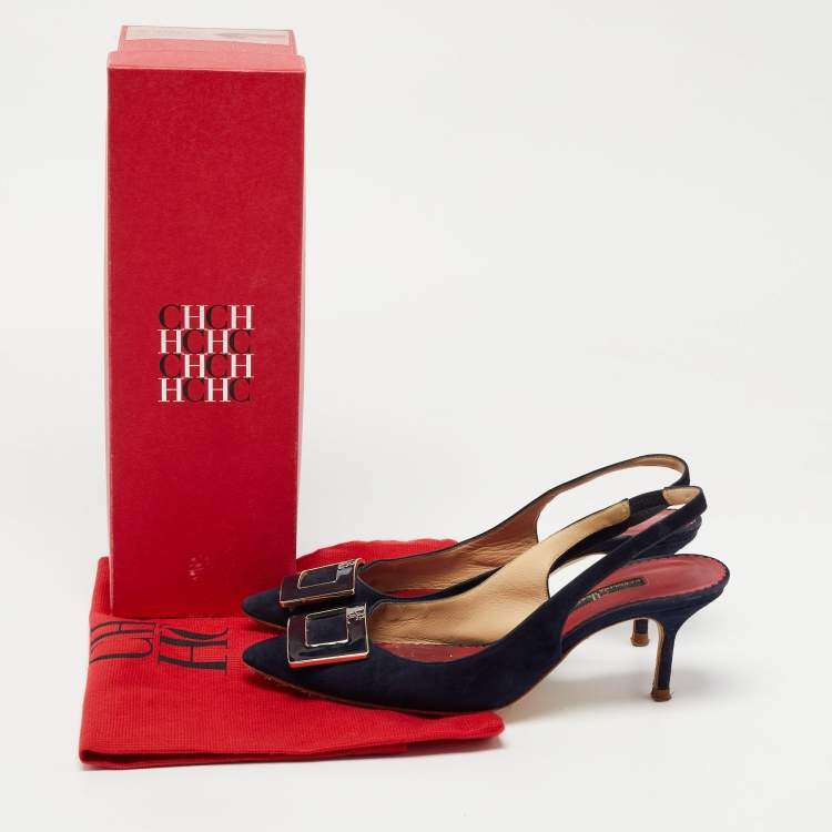 Pre Owned CH Carolina Herrera Navy Blue Suede Pointed Toe Slingback Pumps Size 37