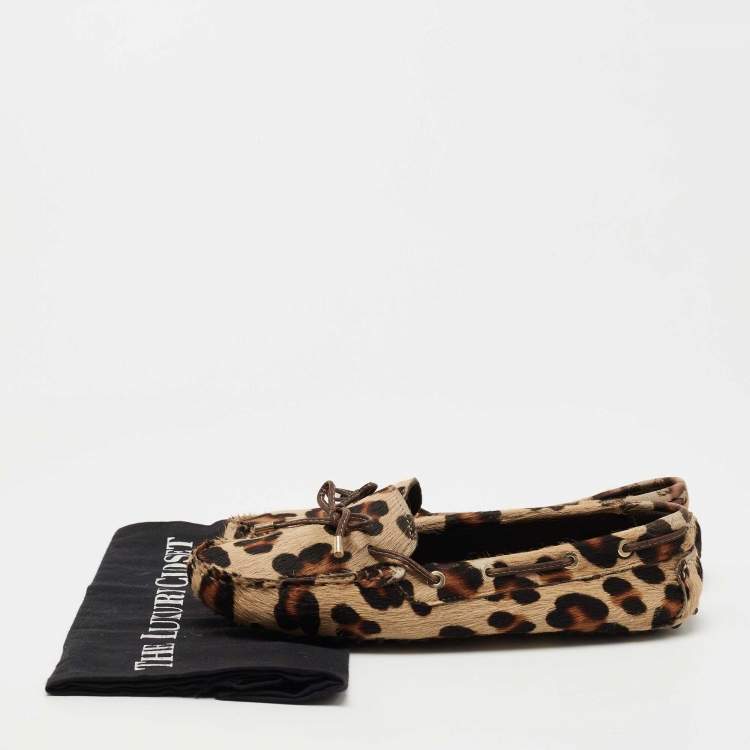Pre Owned CH Carolina Herrera Brown Leopard Print Calf hair Smoking Slipper Size 40
