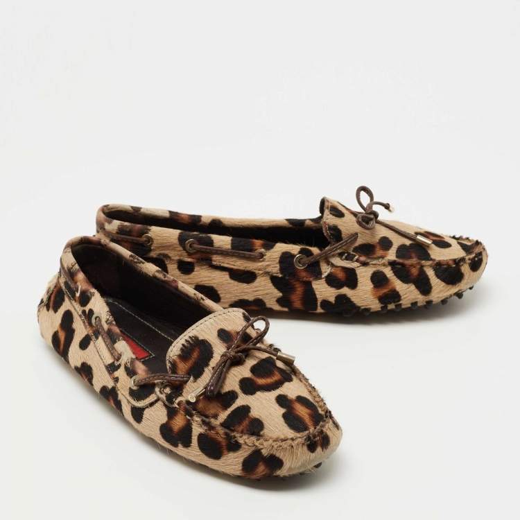 Pre Owned CH Carolina Herrera Brown Leopard Print Calf hair Smoking Slipper Size 40