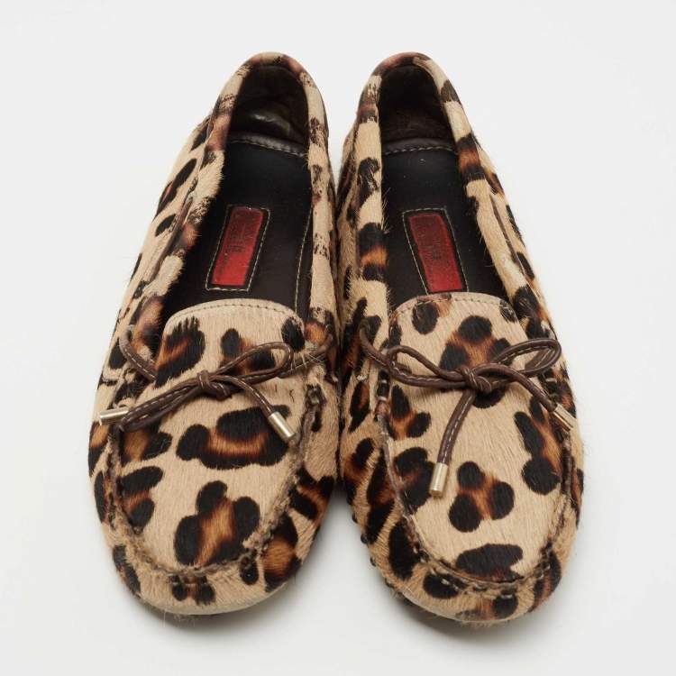 Pre Owned CH Carolina Herrera Brown Leopard Print Calf hair Smoking Slipper Size 40