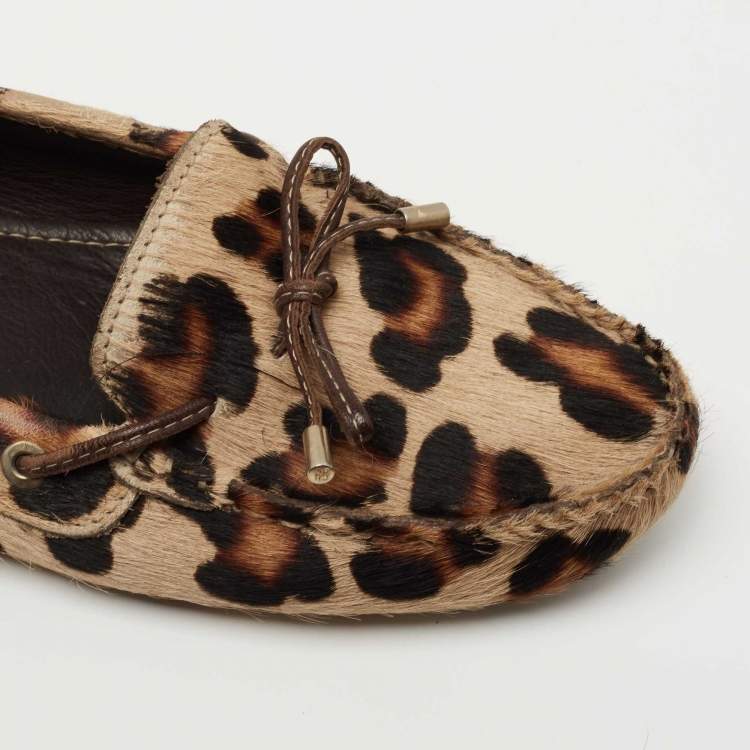 Pre Owned CH Carolina Herrera Brown Leopard Print Calf hair Smoking Slipper Size 40