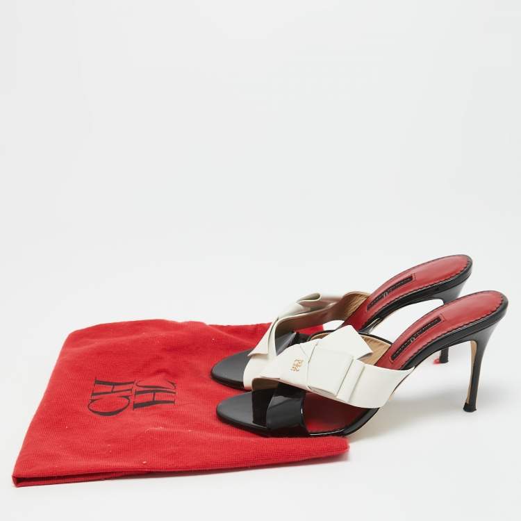Pre Owned CH Carolina Herrera Black/White Patent and Leather Knotted Bow Slide Sandals Size 39 