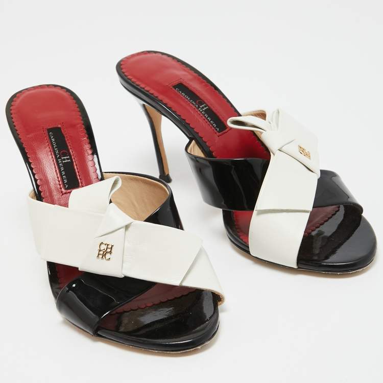 Pre Owned CH Carolina Herrera Black/White Patent and Leather Knotted Bow Slide Sandals Size 39 