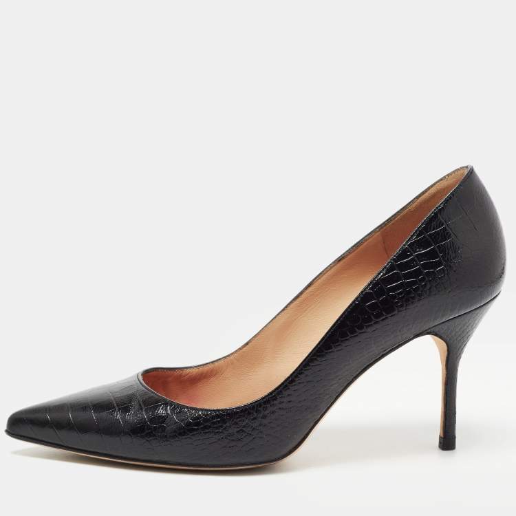 Pre Owned CH Carolina Herrera Black Croc Embossed Leather Pointed Toe Pumps Size 39
