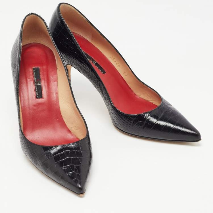 Pre Owned CH Carolina Herrera Black Croc Embossed Leather Pointed Toe Pumps Size 39