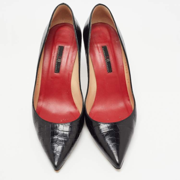 Pre Owned CH Carolina Herrera Black Croc Embossed Leather Pointed Toe Pumps Size 39