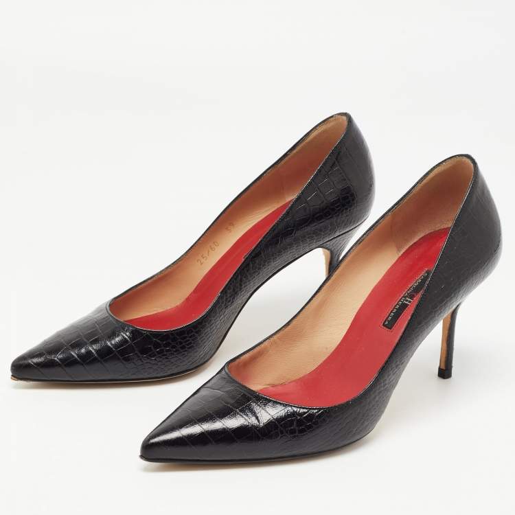 Pre Owned CH Carolina Herrera Black Croc Embossed Leather Pointed Toe Pumps Size 39
