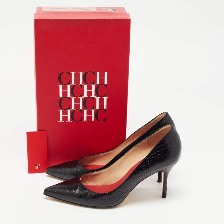 Pre Owned CH Carolina Herrera Black Croc Embossed Leather Pointed Toe Pumps Size 39