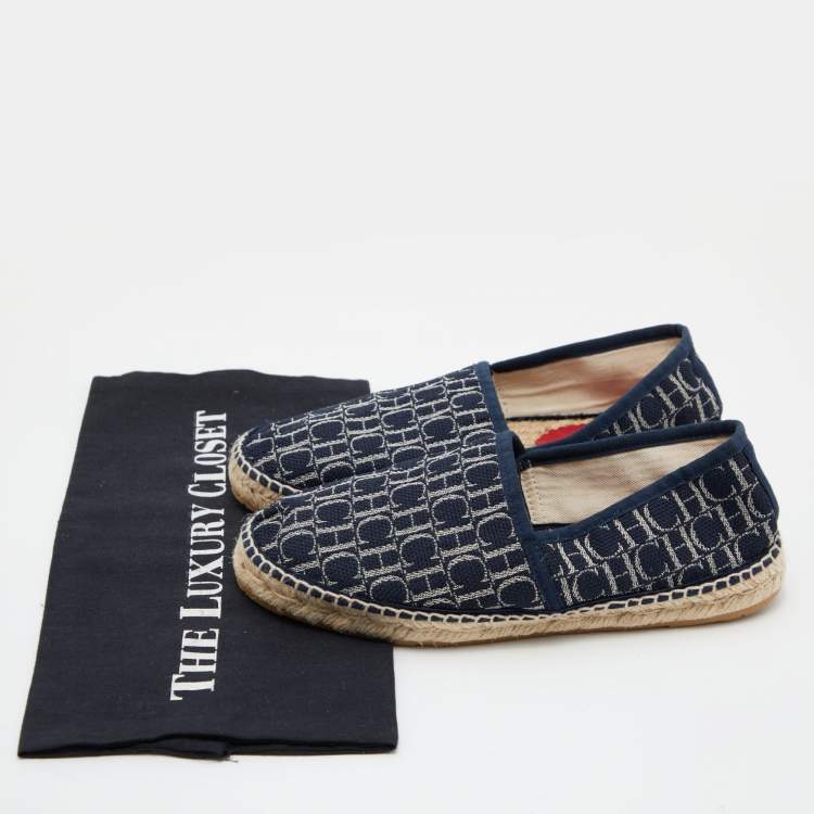 Pre Owned CH Carolina Herrera Blue Monogram Canvas Espadrille Flats Size 37