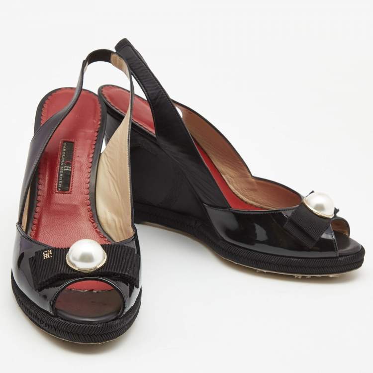 Pre Owned CH Carolina Herrera Black Patent and Leather Pearl Detail Slingback Wedge Sandals Size 39