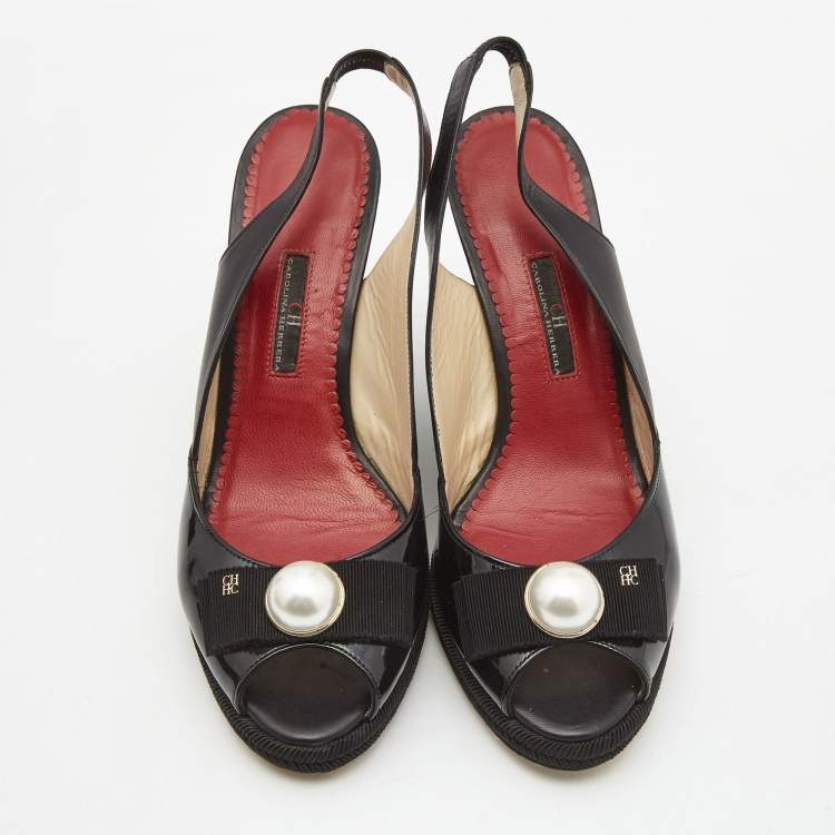 Pre Owned CH Carolina Herrera Black Patent and Leather Pearl Detail Slingback Wedge Sandals Size 39