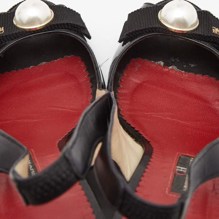 Pre Owned CH Carolina Herrera Black Patent and Leather Pearl Detail Slingback Wedge Sandals Size 39