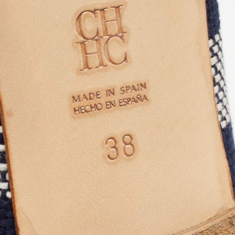 Pre Owned CH Carolina Herrera Navy Blue/White Fabric and  Patent Leather Bow Ballet Flats Size 38