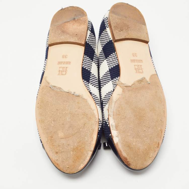 Pre Owned CH Carolina Herrera Navy Blue/White Fabric and  Patent Leather Bow Ballet Flats Size 38