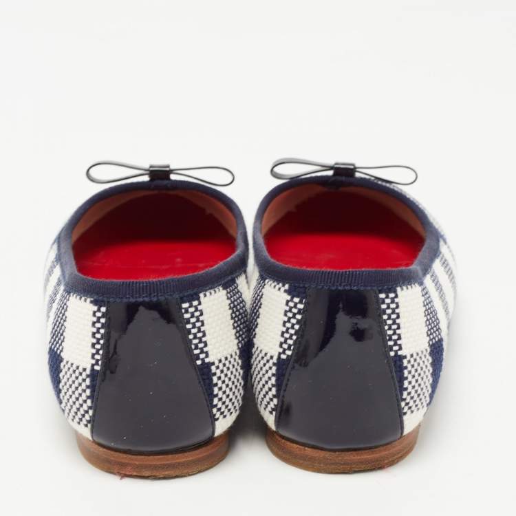 Pre Owned CH Carolina Herrera Navy Blue/White Fabric and  Patent Leather Bow Ballet Flats Size 38