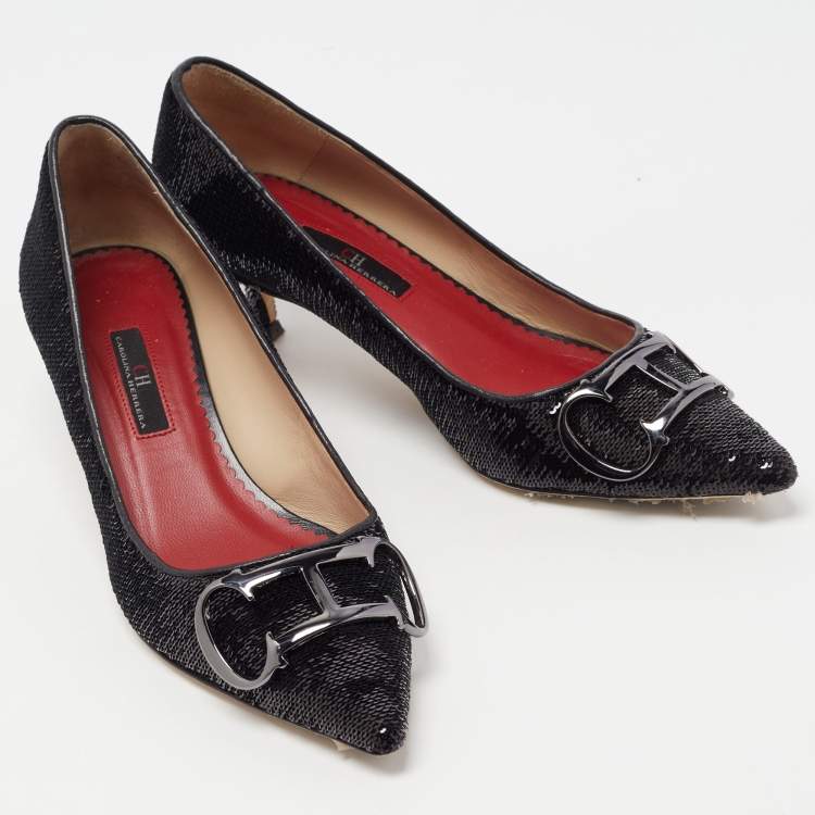 Pre Owned CH Carolina Herrera Black Sequins and Leather Pointed Toe Pumps Size 38
