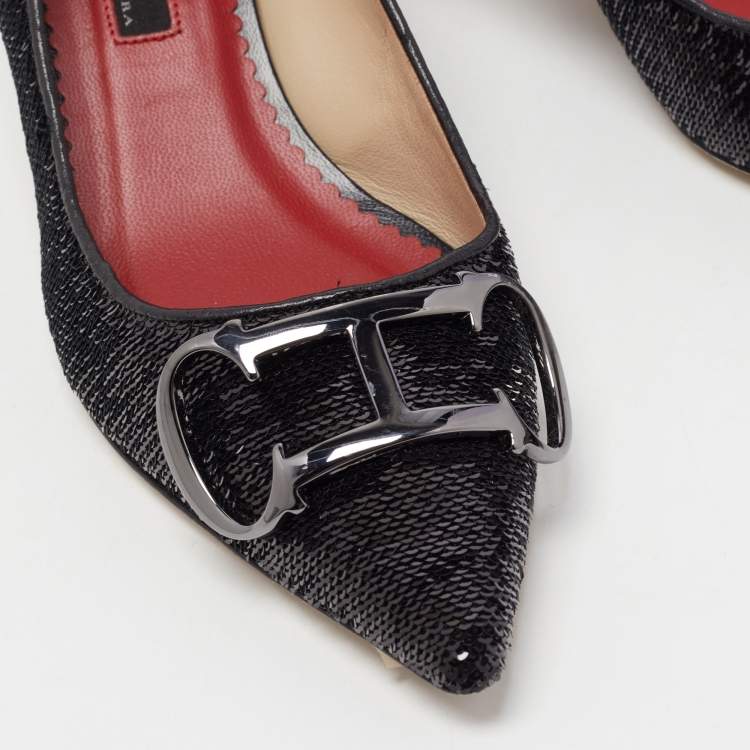 Pre Owned CH Carolina Herrera Black Sequins and Leather Pointed Toe Pumps Size 38